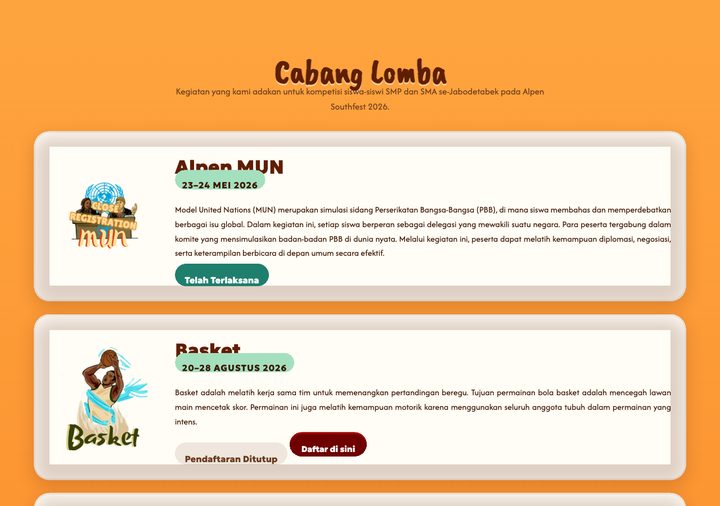 Laman Alpen Southfest 2026 — cabang pertandingan