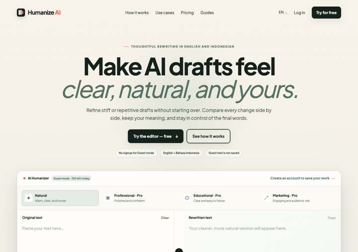 Humanize AI site — hero and editor