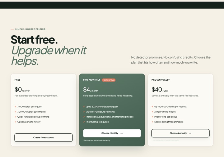 Humanize AI site — pricing