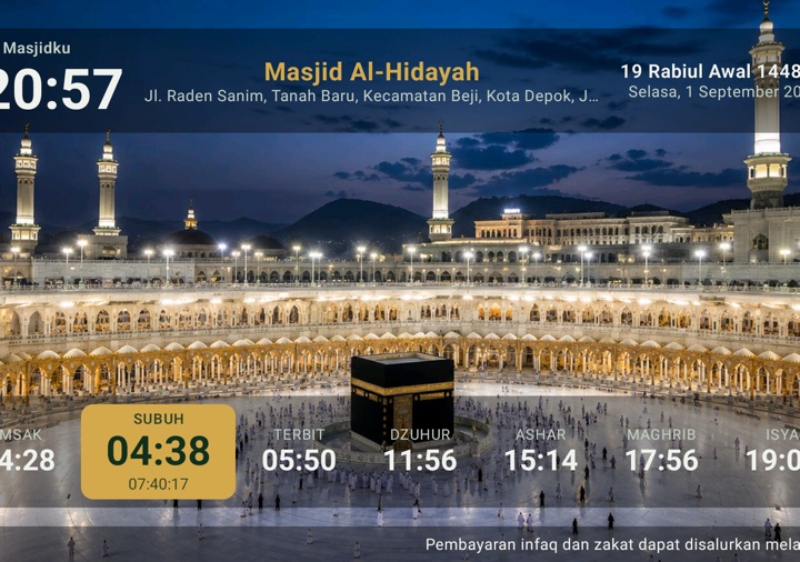 Masjidku mosque TV display — prayer times, date, and announcements